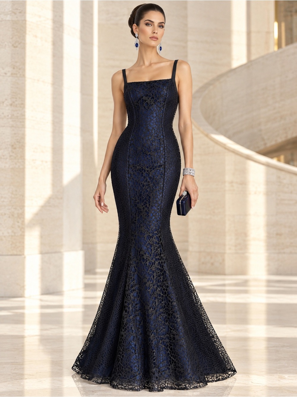 Monique Lhuillier Dark Mermaid Lace Gown Open Back Train Sz 6 - Picture 3 of 16